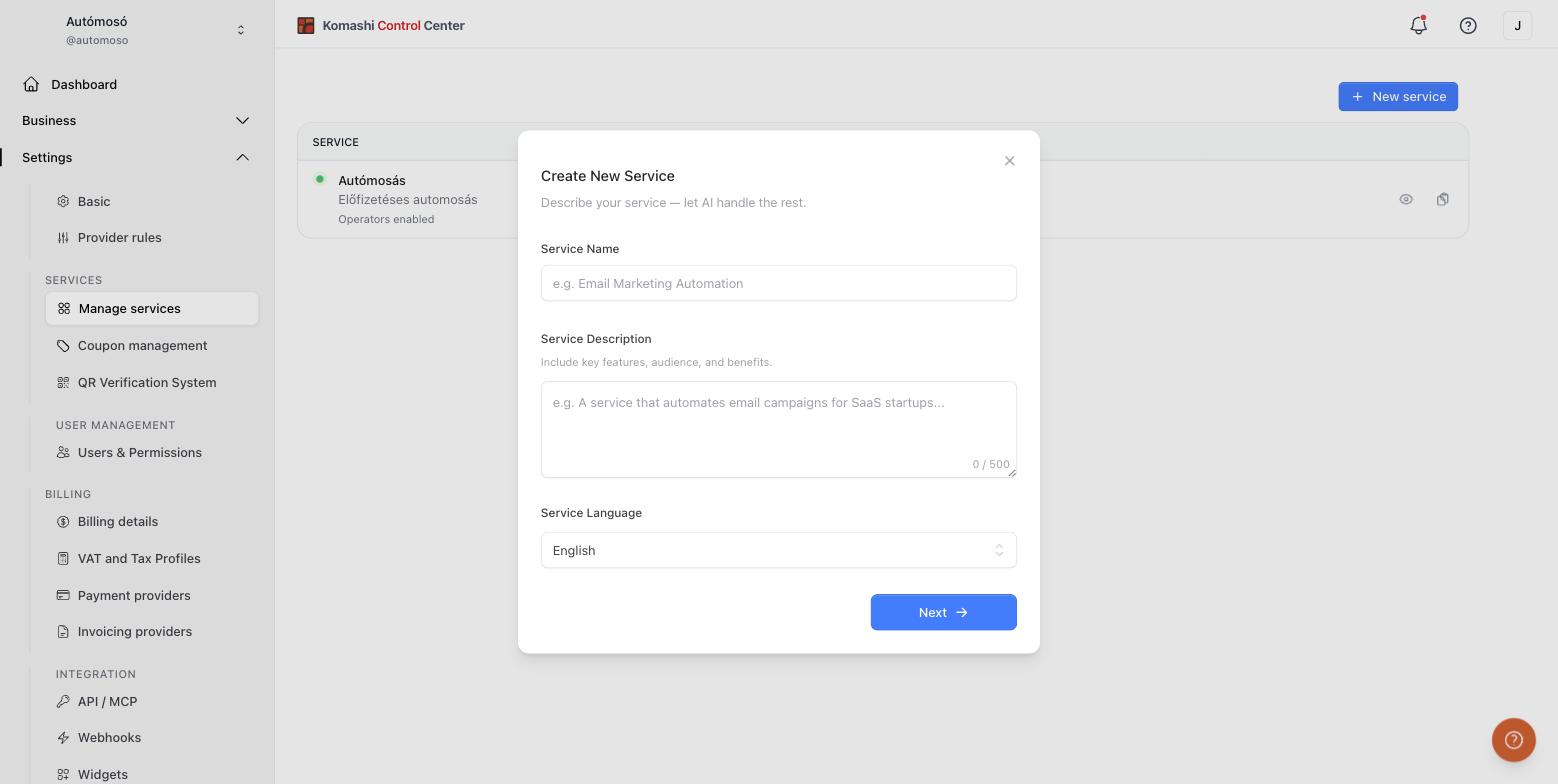 Create New Service dialog