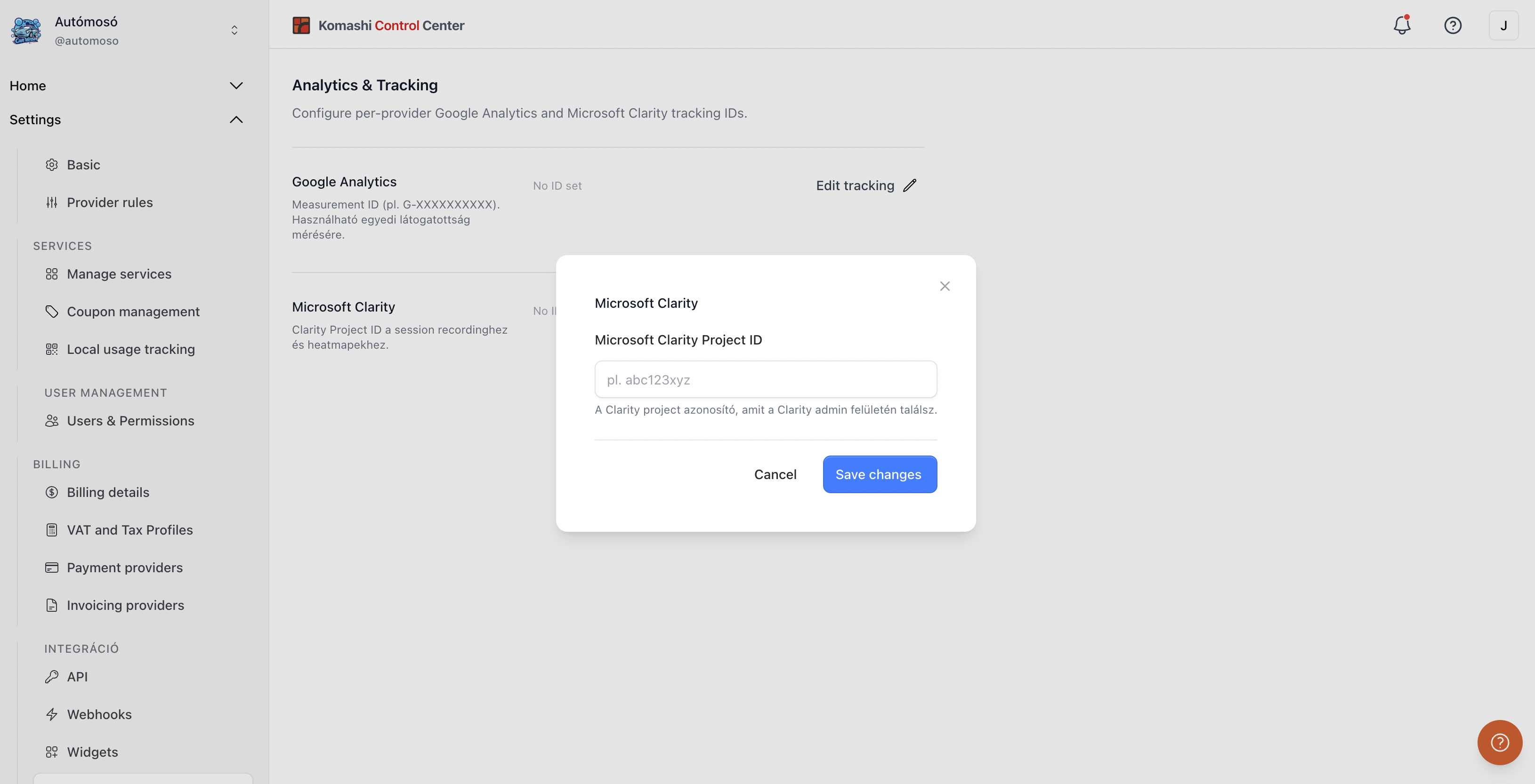Microsoft Clarity ID dialog