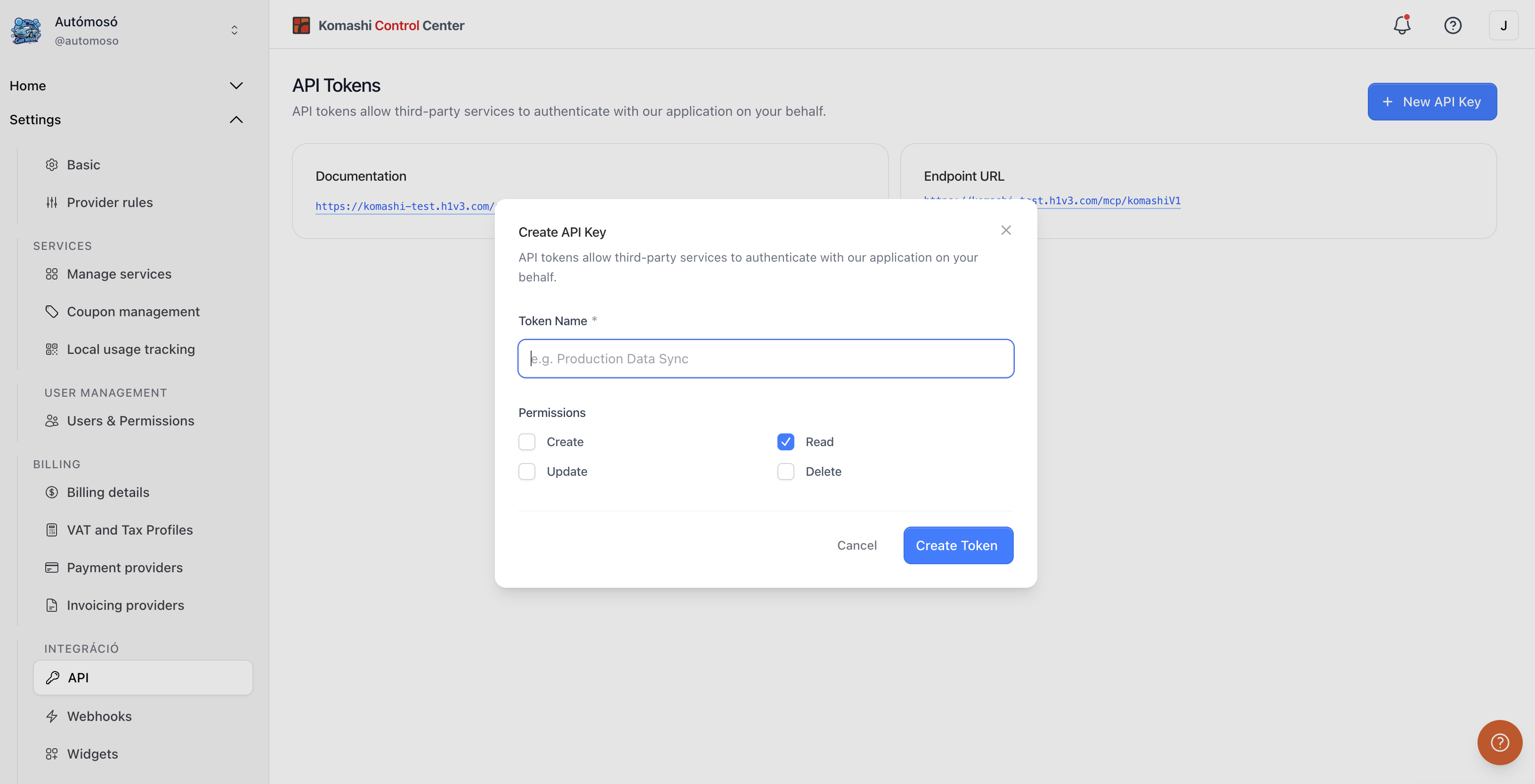 Create API Key dialog