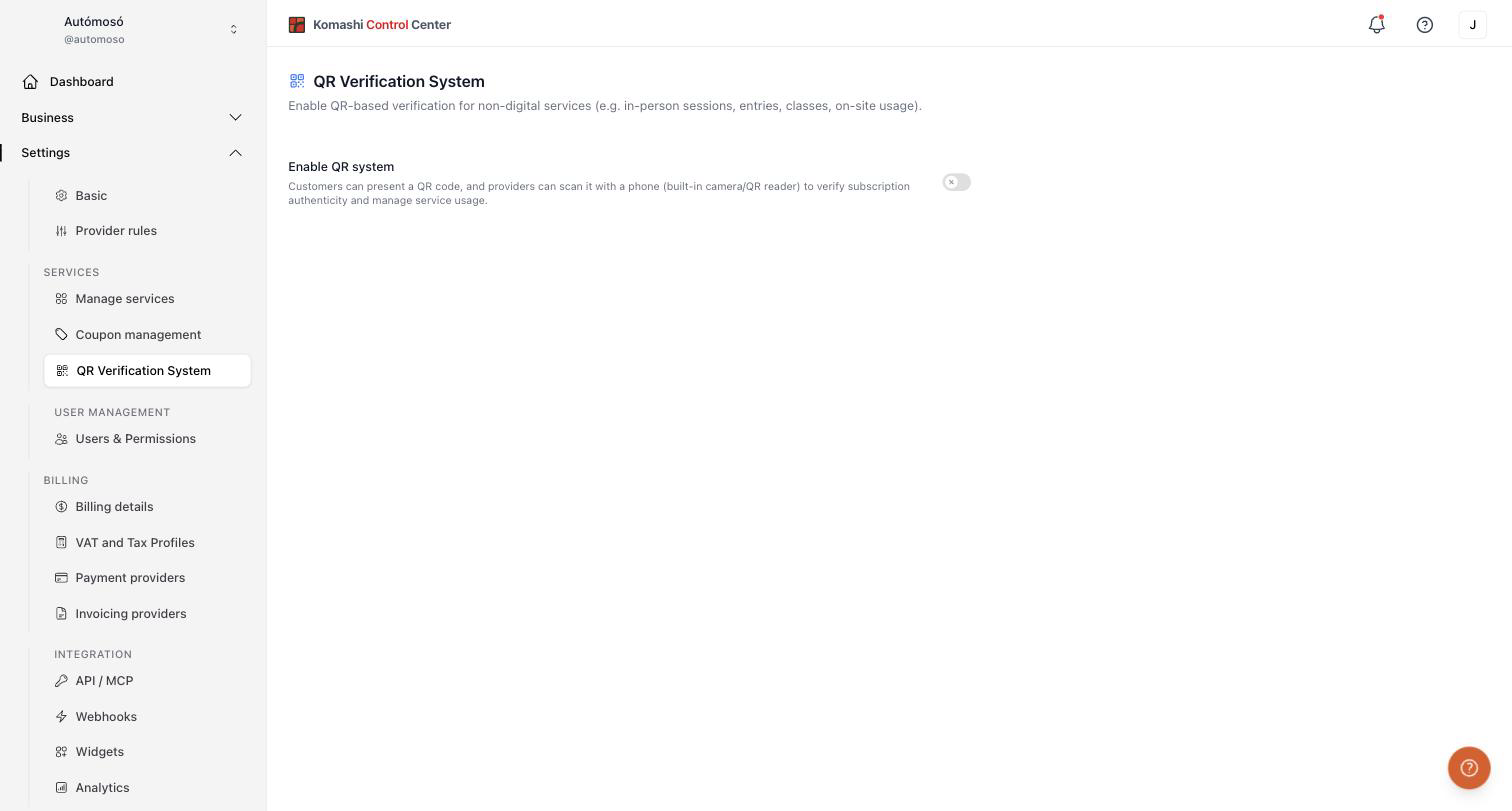 QR Verification System settings