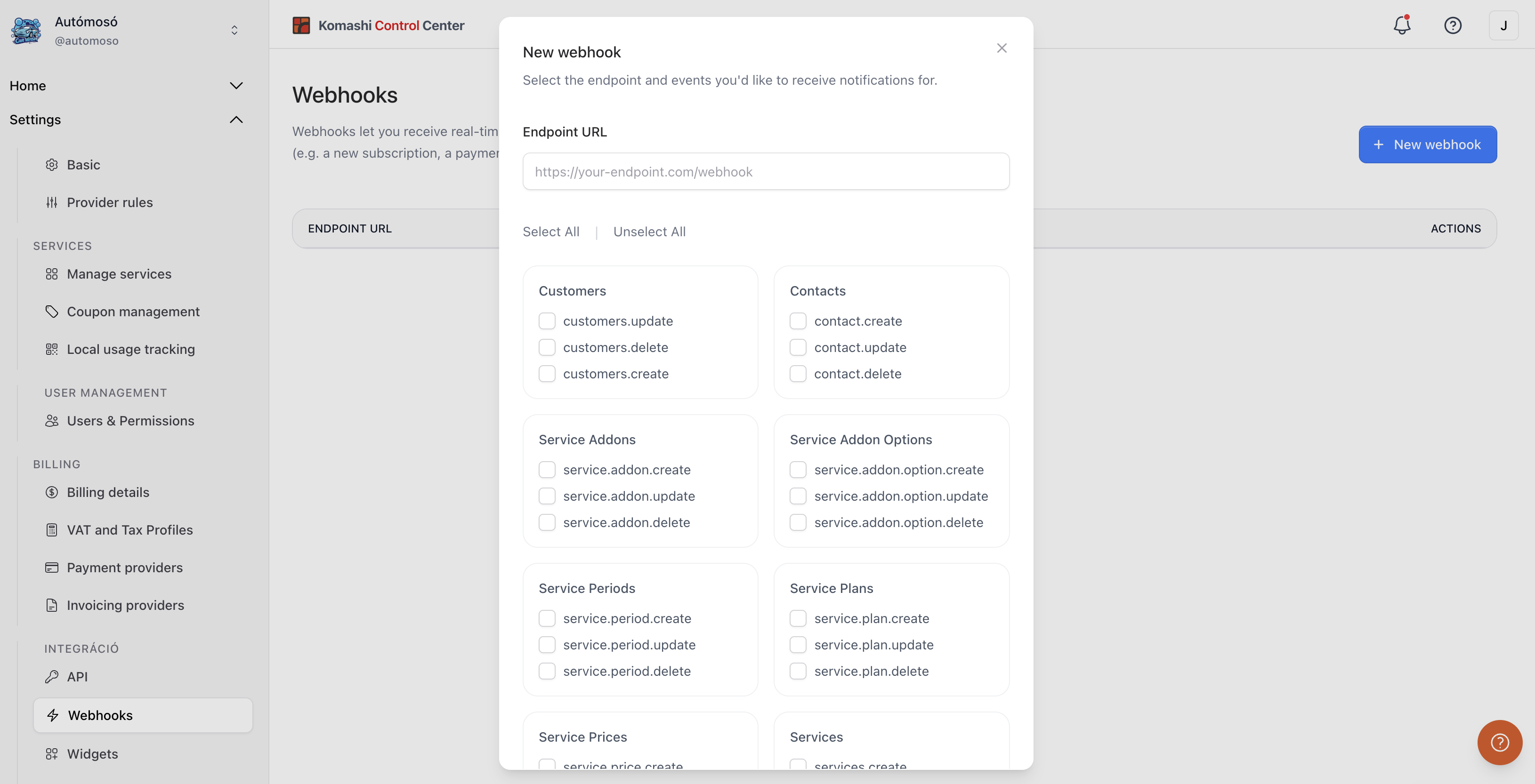 New webhook dialog